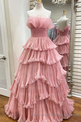 Candy Pink Tulle A-line Strapless Ruffles layers Long Semi Formal Prom Dress